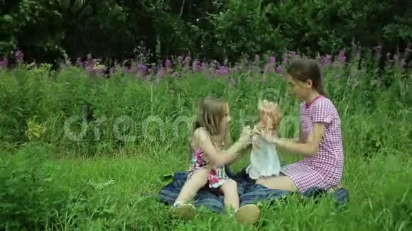 女孩们在草地上玩娃娃视频的预览图