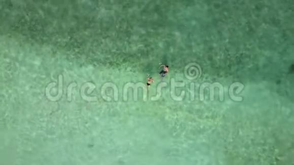 镜头上升以上夫妇在印度洋游泳在一个空海滩从上面看两幅空中镜头视频的预览图