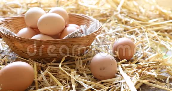 新鲜的有机鸡蛋放在篮子里视频的预览图