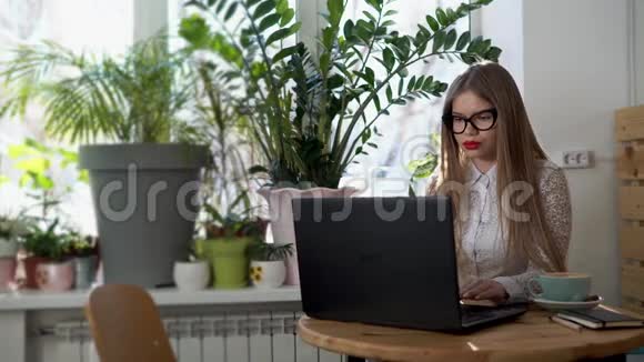 年轻漂亮的商务女性在一个明亮的房间里的笔记本电脑后面工作视频的预览图