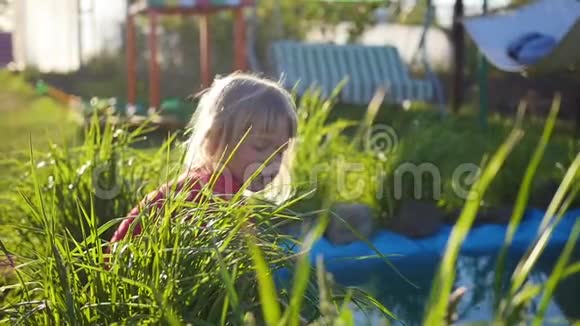 女孩在公园里池塘附近玩耍夏日晴天视频的预览图