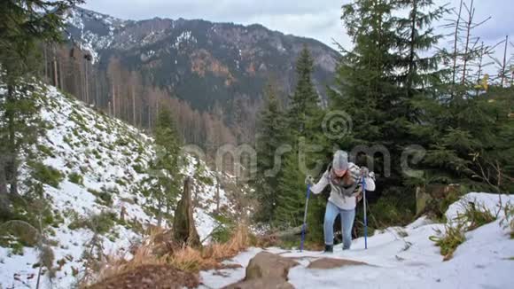 运动的女人在雪地里慢动作的爬山视频的预览图