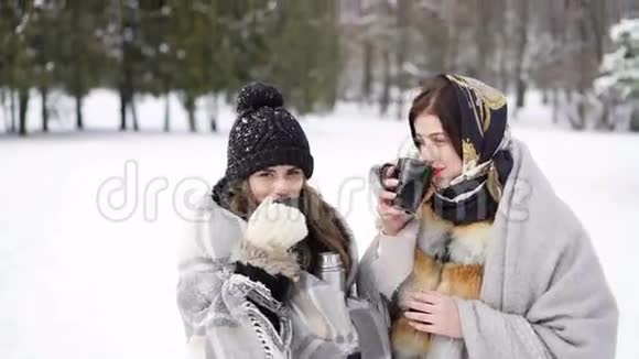 两个女孩被温暖的格子布覆盖在冬季公园喝热茶视频的预览图