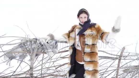 冬天穿暖和衣服的女孩举起手在木栅栏附近摆姿势视频的预览图