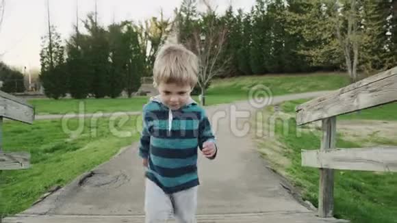 一个快乐的小男孩走在公园里微笑着视频的预览图