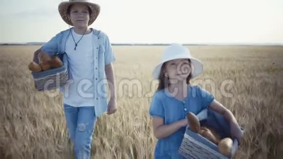 年轻的农民带着面包篮沿着麦田行走视频的预览图