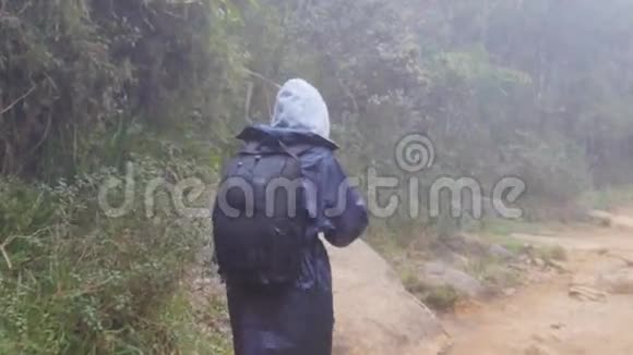 带着背包的旅游女孩在热带森林漫步穿着雨衣在潮湿的树林里散步的女人视频的预览图