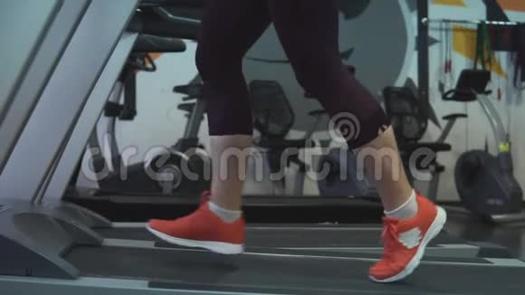 在现代健身中心或健身房的跑步机上接近女性足部跑步视频的预览图