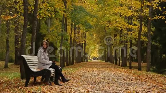 秋天公园里坐在长椅上时魅力女孩喝着杯子里的咖啡视频的预览图