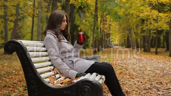 迷人的年轻女子在秋天公园坐在长凳上喝着杯子里的咖啡视频的预览图