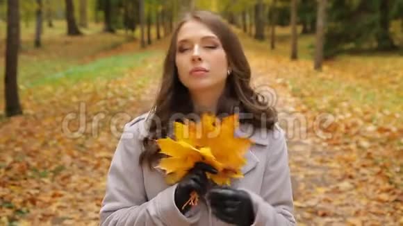 美丽的小姐在秋天的公园里等着一个人用枫叶花束微笑着对一个人说视频的预览图