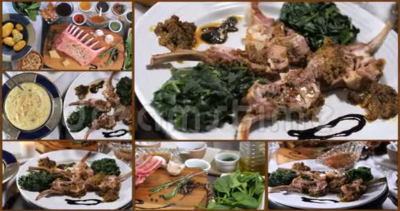 用薄荷酱菠菜和土豆泥搭配一排羊肉的景色视频的预览图