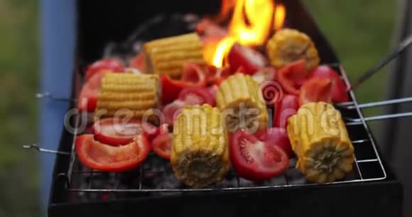 在烤肉串上烹饪蔬菜串视频的预览图