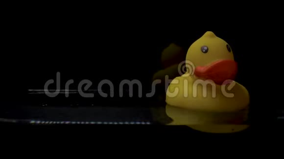 黄色橡胶鸭在黑色背景上漂浮在水中视频的预览图