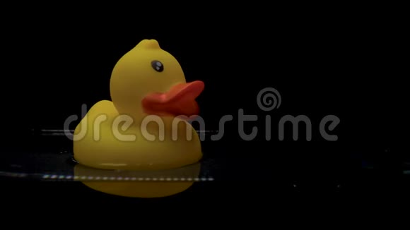 黄色橡胶鸭在黑色背景上漂浮在水中视频的预览图