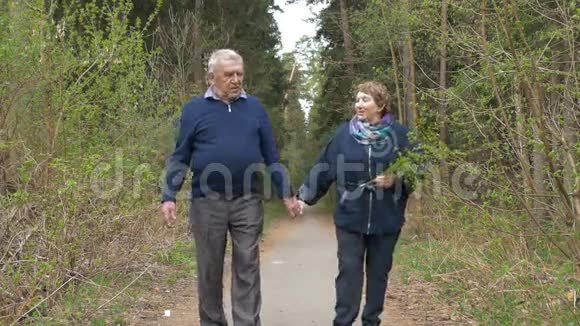 一对美丽的老年夫妇在公园里散步亲切地交谈好心情积极生活相爱牵手视频的预览图