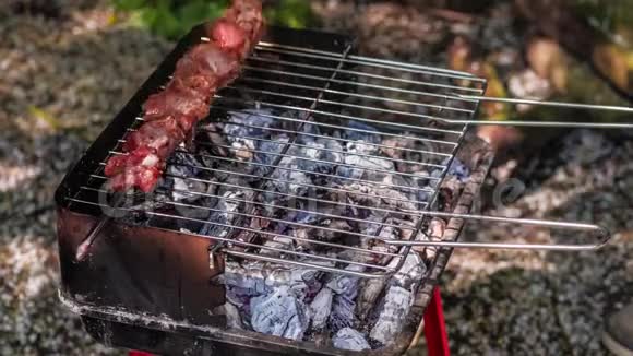 生肉用番茄和洋葱腌制放在烤架上的串上在布拉齐尔燃烧木材和煤热辣视频的预览图