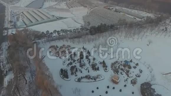 在公共公园的一片雪覆盖的田野上飞行的无人机视频的预览图