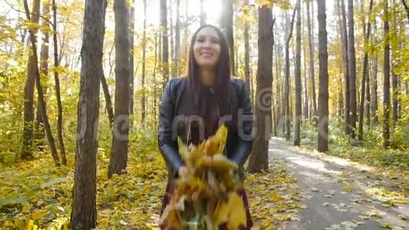 年轻快乐的女人抛出秋叶视频的预览图