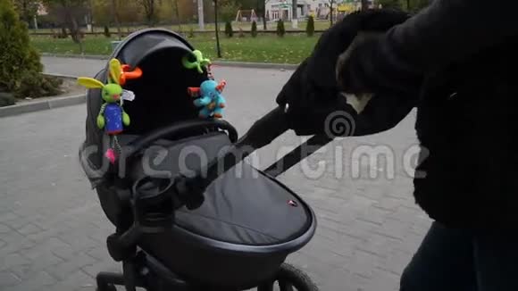带玩具的婴儿车在公园里视频的预览图