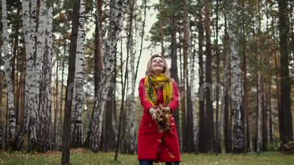 年轻的女人抛出了落叶玩得很开心秋天森林里穿红色外套的女孩慢动作视频的预览图