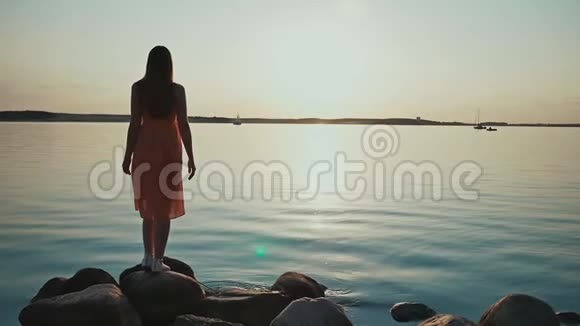一个穿着夏装的少女正在湖岸欣赏日落视频的预览图