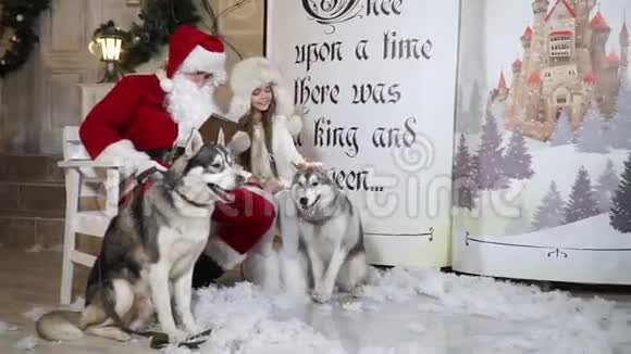 带着哈士奇狗的女孩听圣诞老人给他们讲故事视频的预览图