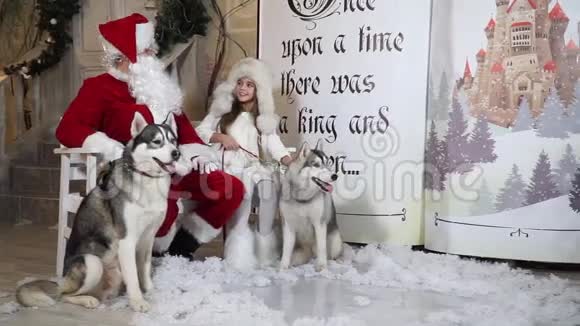 圣诞老人和小女孩和哈士奇狗坐在长凳上视频的预览图