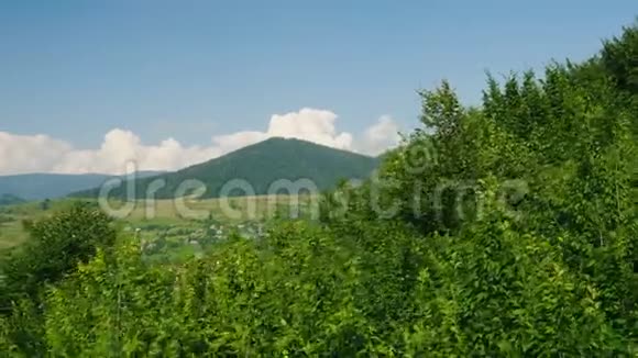 河附近的一个村庄以森林覆盖的群山为背景夏季滑雪胜地休息视频的预览图