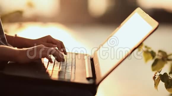 在温暖的阳光明媚的户外女人在笔记本电脑键盘上打字日落视频的预览图