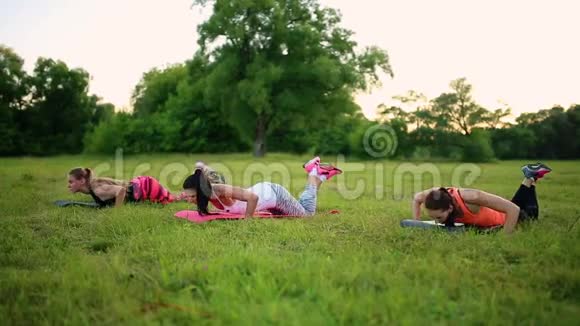 三个女人正在公园的草地上做俯卧撑视频的预览图