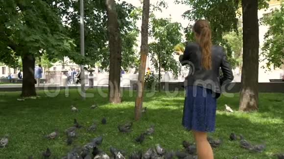 一个悲伤的漂亮女孩在公园里喂鸽子视频的预览图
