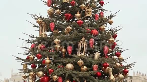 一棵宏伟的圣诞树在莫斯科广场上闪耀着灯光和美丽的装饰品特写镜头新年视频的预览图