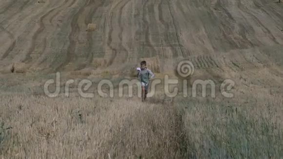 快乐的少年男孩在收获的田野背景下玩纸飞机视频的预览图