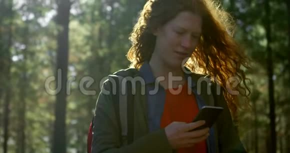 在森林里用手机的女人视频的预览图