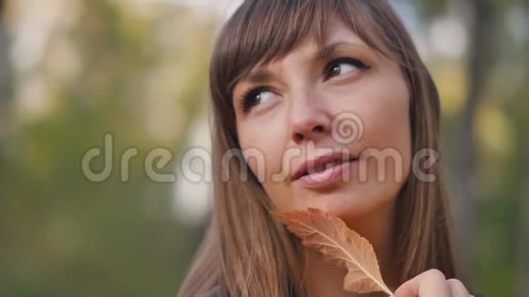 年轻女子向镜头展示五颜六色的秋叶美丽的女人捧着秋黄的叶子近脸秋天视频的预览图