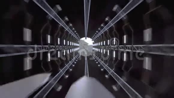 宇宙飞船穿过走廊飞向城市视频的预览图