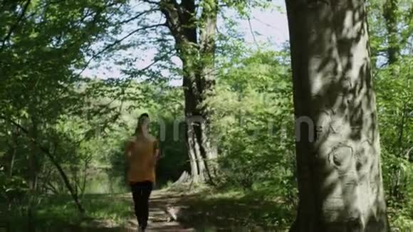 在秋天的公园里年轻漂亮的跑步女孩身体很好视频的预览图