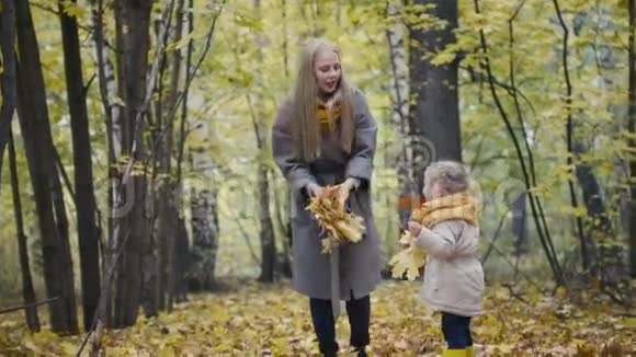 妈妈和她的女儿在秋天的公园里玩耍妈妈和孩子扔树叶视频的预览图
