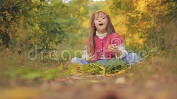 4K女孩写真吃苹果水果秋林景孩子在户外吃零食视频的预览图