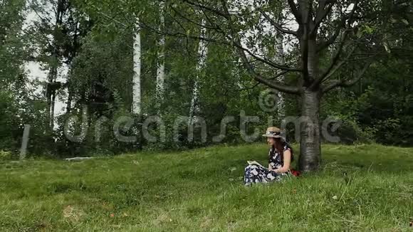 轻松的年轻女子正在度假时在树影下读一本书视频的预览图