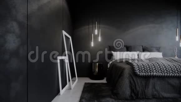 现代黑色卧室的内部外面明亮的光线平底锅右镜头视频超高清4K3840x21603D动画视频的预览图