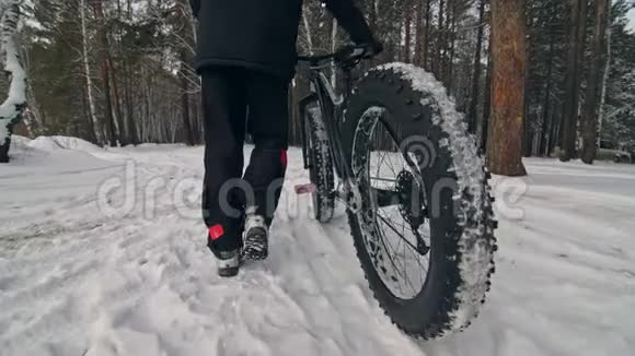 专业极限运动员在户外骑着胖自行车散步骑自行车的人在冬天的雪林里散步哥们走视频的预览图