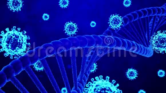 3D冠状病毒COVID19和DNA螺旋模型在抽象移动蓝背景和粒子中旋转视频的预览图