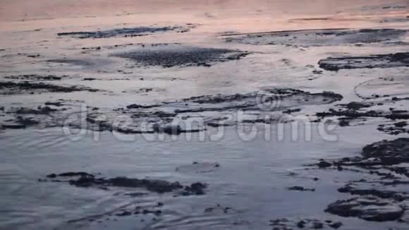 冰在秋天的河流上形成自然背景日落俄布河视频的预览图