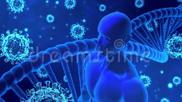 3D呈现病毒COVID19人AI体和DNA螺旋模型在抽象蓝背景下旋转视频的预览图