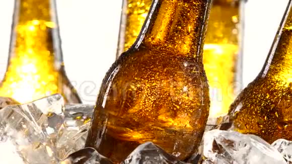啤酒容量的节日是冰中的啤酒瓶白色背景关门视频的预览图