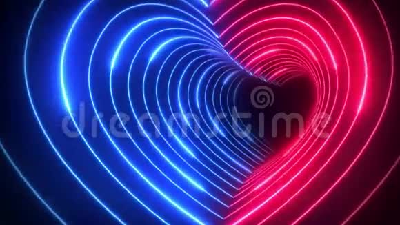 红色和蓝色抽象几何隧道发光霓虹灯线心形背景动画视频的预览图