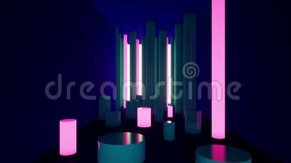 抽象技术深蓝色背景与霓虹灯管3D渲染4k动画视频的预览图