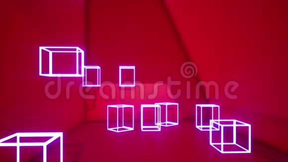 带有霓虹灯盒的抽象红色背景循环视频超高清4K3840x21603D渲染视频的预览图